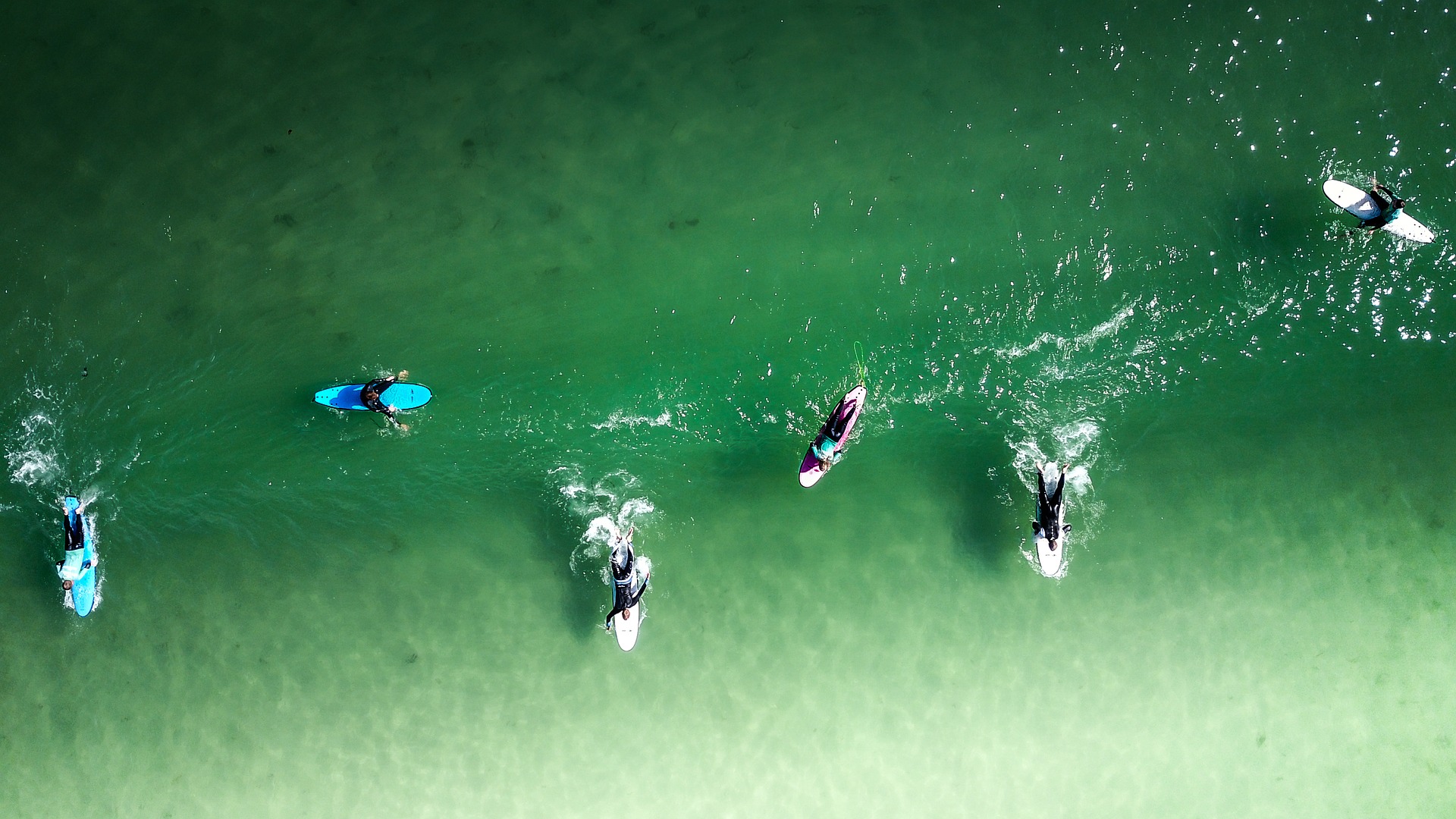 Surfers in clear green water